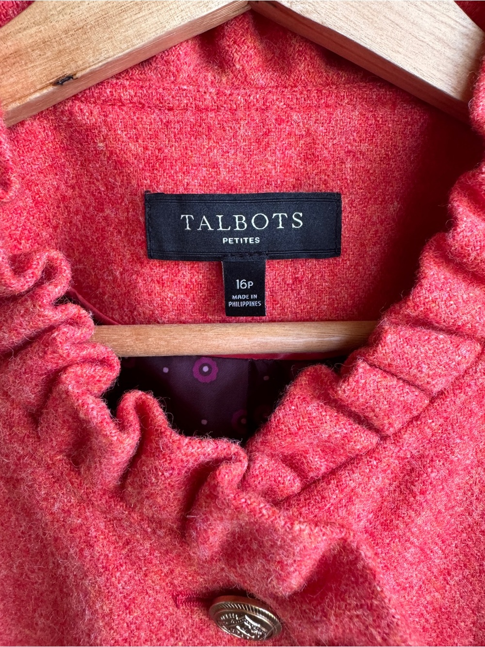 Talbots Petites 16P Wool Blend Ruffle Trim Jacket Coral Pink Button Front Lined - Picture 5 of 15